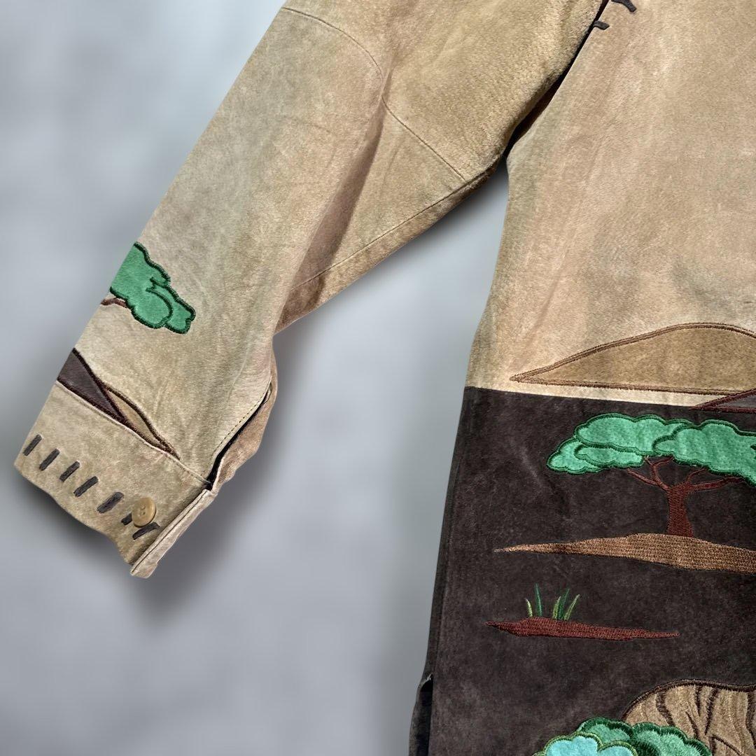 アフリカ動物刺繍 スエードレザージャケット