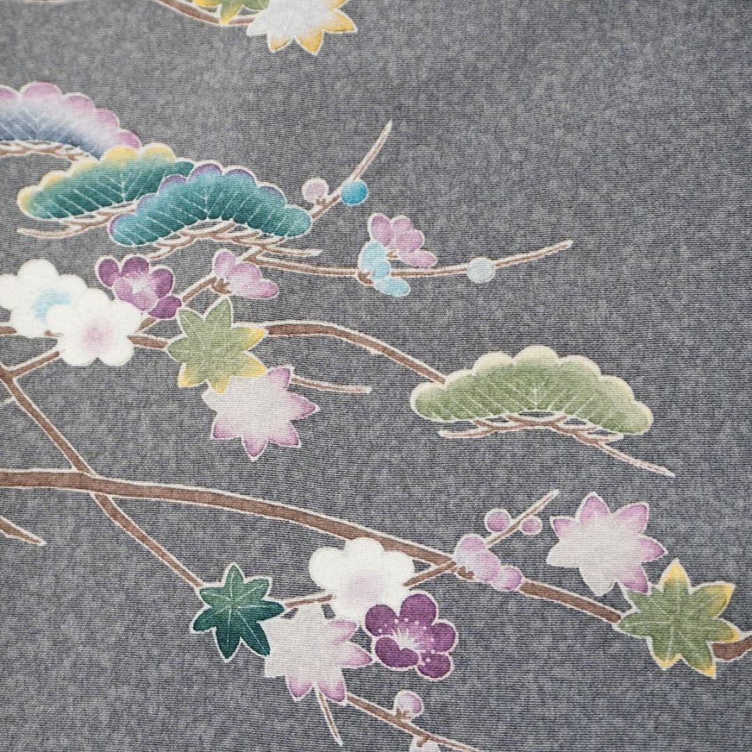 友禅柄 紅葉 梅 正絹訪問着 グレー 150cm お仕事 a381 浦野理
