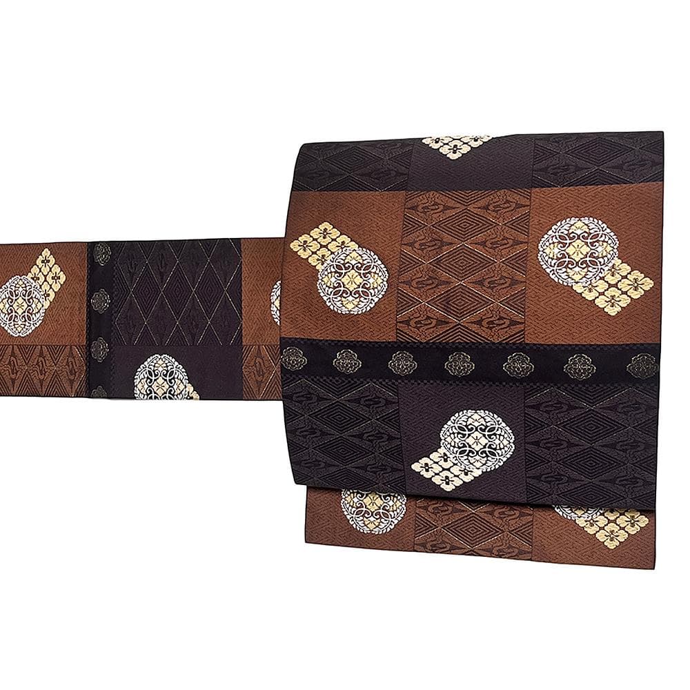 名古屋帯 唐織 正絹 西陣織 新古品 茶 九寸 カジュアル No.ymo0051 名古屋帯 唐織 正絹 西陣織 新古品 茶 九寸 カジュアル No.ymo0051