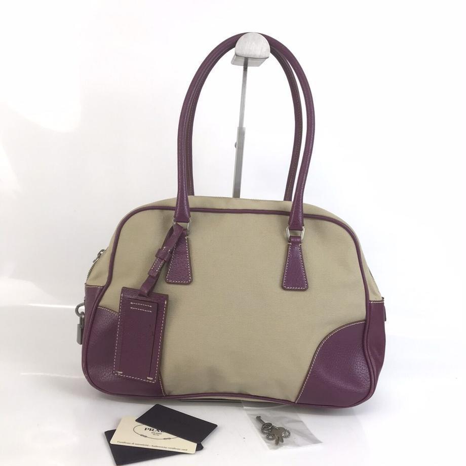PRADA プラダ キャンバス レザー ハンドバッグ ベージュ パープル