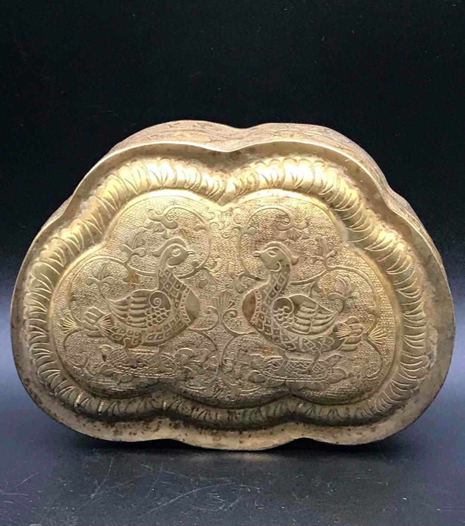 唐時代　金銅香合　銅塗金　細密細工　神鳥　真珠紋　蒐集家放出　唐物(A-25)