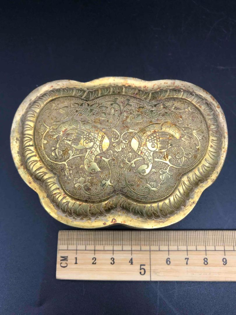 唐時代　金銅香合　銅塗金　細密細工　神鳥　真珠紋　蒐集家放出　唐物(A-25)