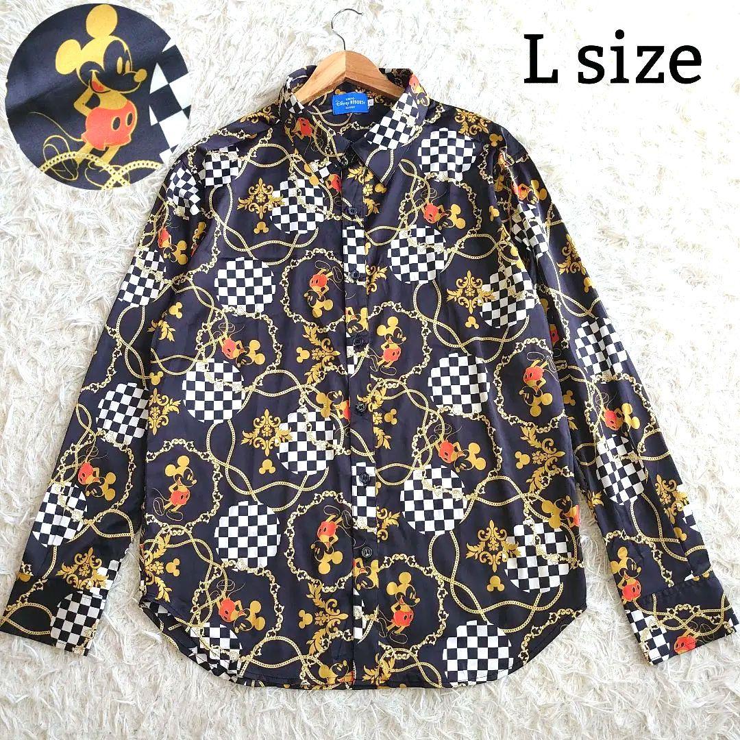 【美品】 東京ディズ二ーリゾート ミッキー 総柄 プリント 長袖シャツ L