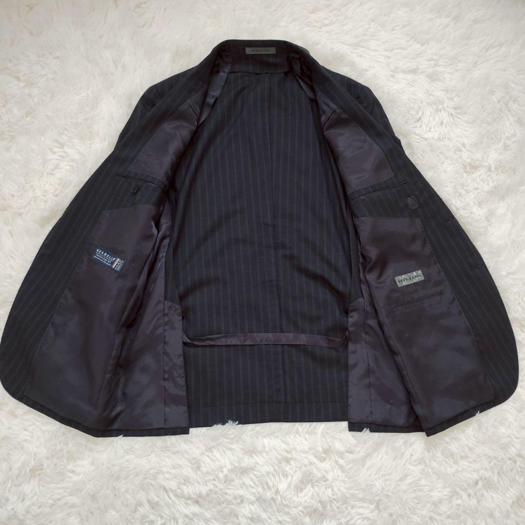 ◎美品 高級HILTON グアベロ 濃紺 ストライプ スーツ AB6 シルク混1