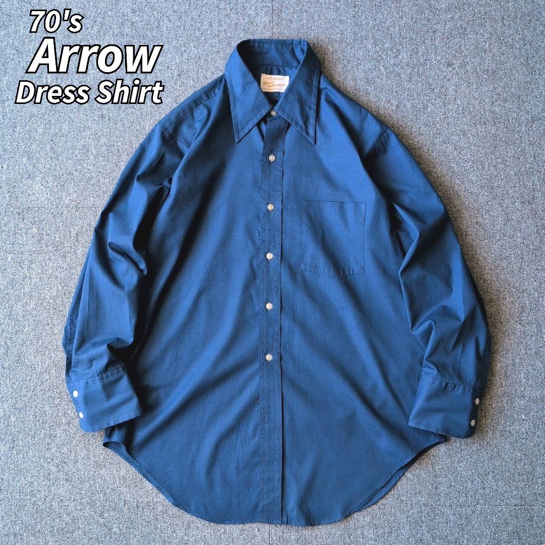 70s ヴィンテージ Arrow 長袖 シャツ ネイビー 無地 ドレスシャツ
