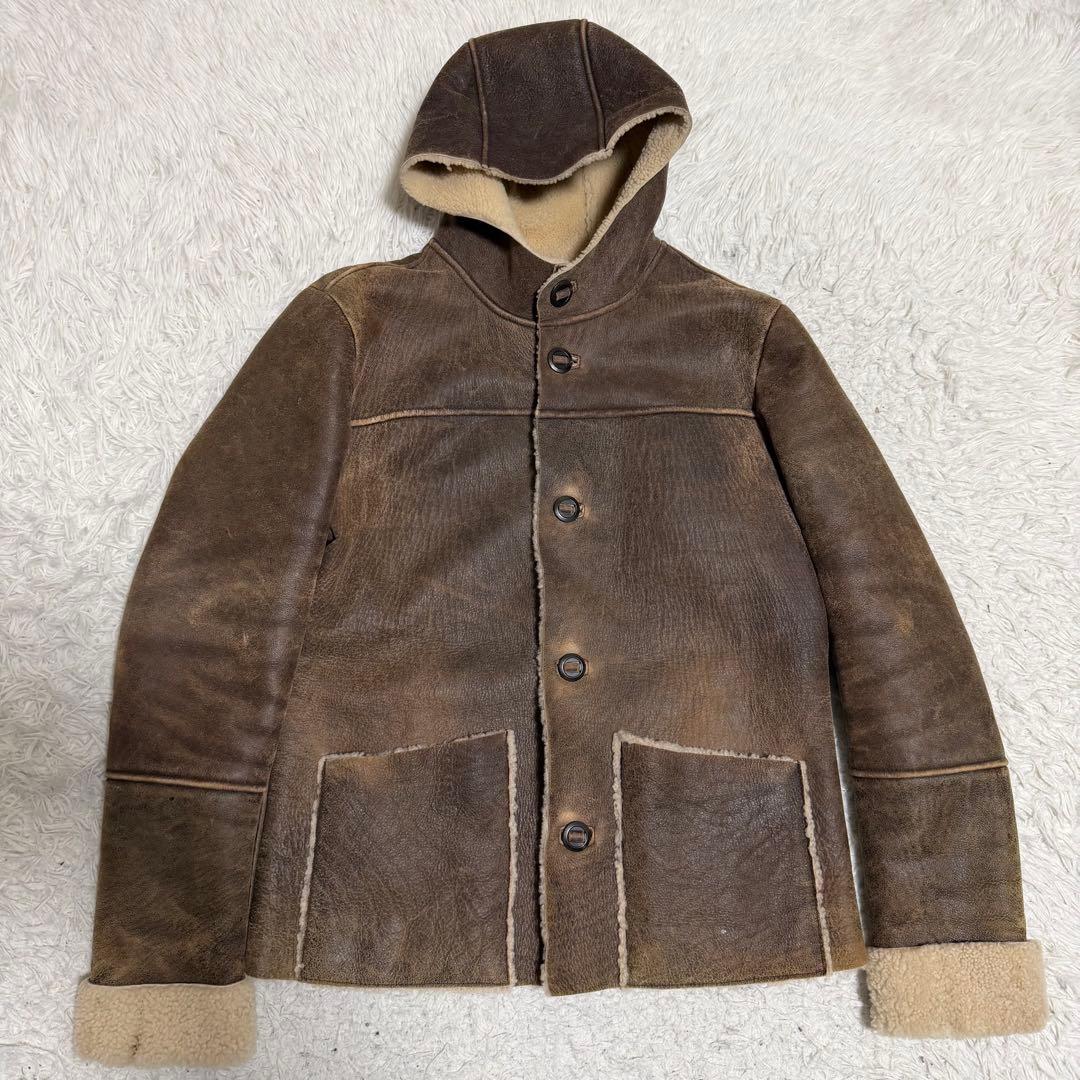 美品Lサイズ ムートンジャケット レザージャケット ボア シープスキン フード 美品Lサイズ ムートンジャケット レザージャケット ボア シープスキン フード