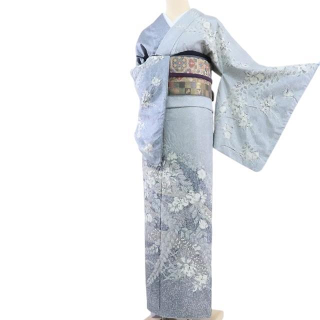 Y1407◇美品 正絹『シルバーグレイ×辻ヶ花』絞り 手縫い 紬訪問着 着物