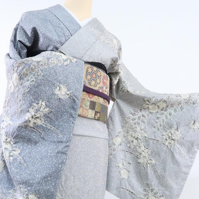 Y1407◇美品 正絹『シルバーグレイ×辻ヶ花』絞り 手縫い 紬訪問着 着物