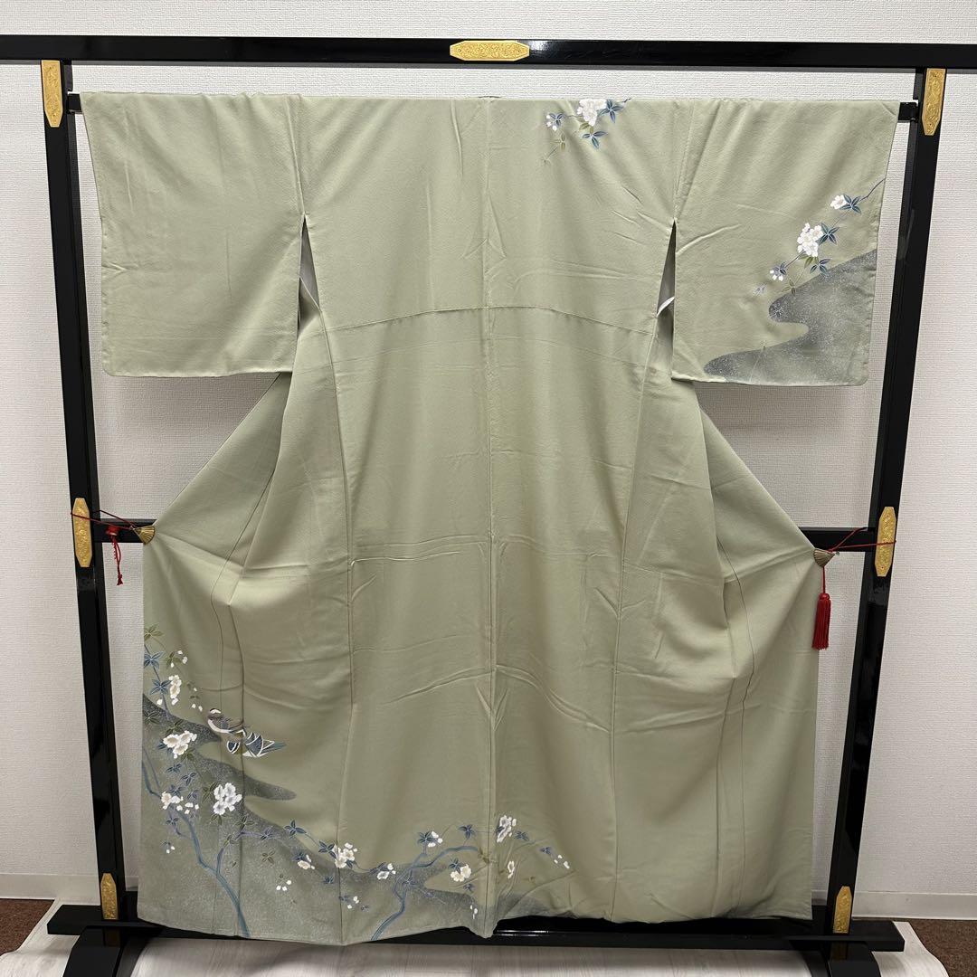付下げ 裄67 おしどり たたき染めに花模様 着物 正絹 広衿 RK