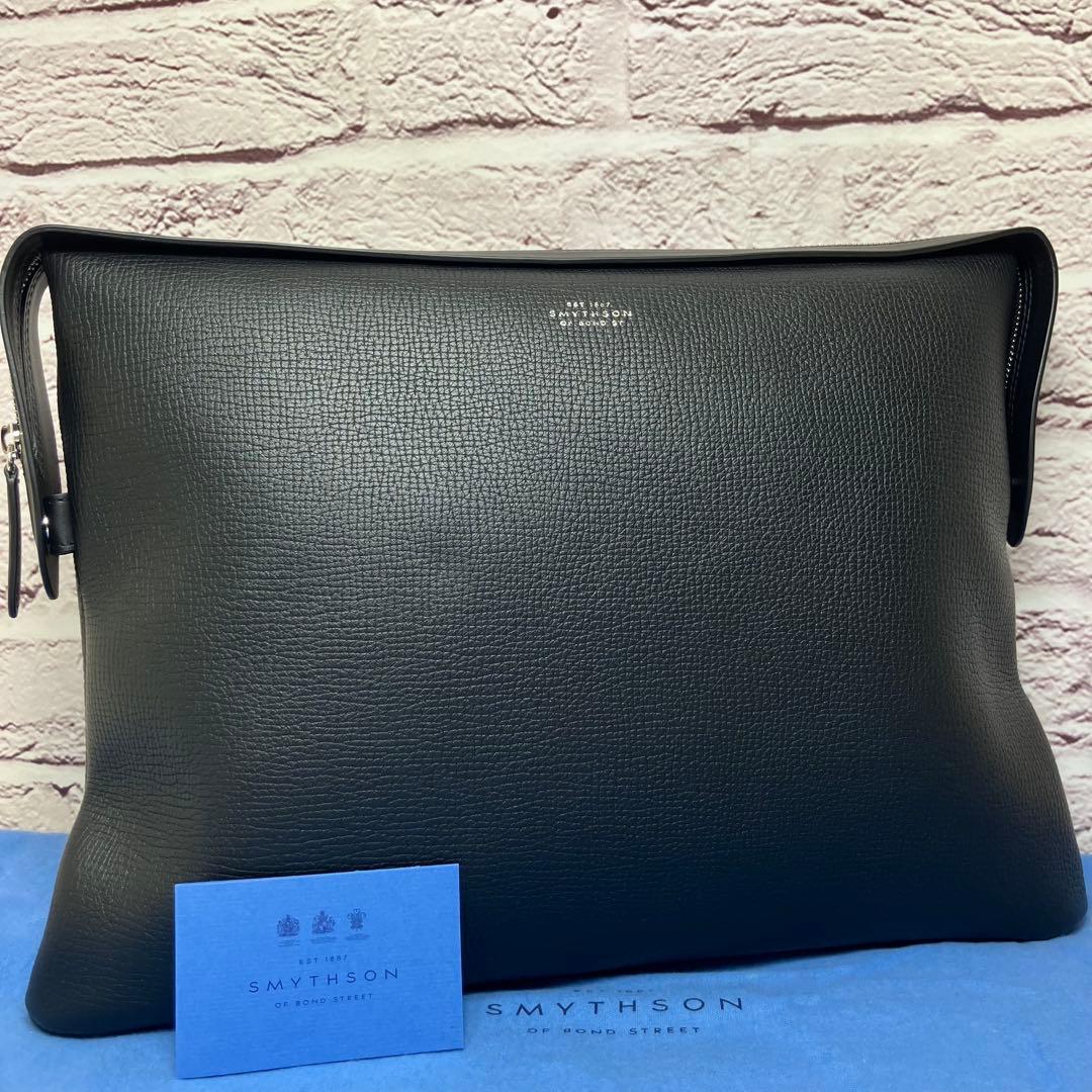級 スマイソン A4可 3室 オールレザー 本革 クラッチバッグ ブラックSmythson