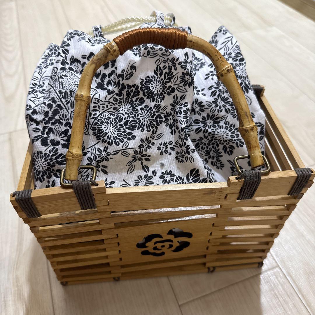 竹製バスケット 黒花柄布袋付き