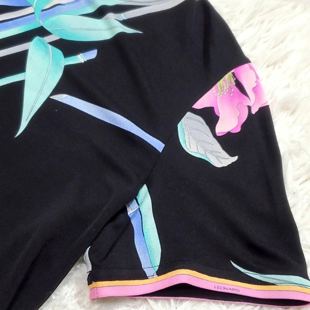 数回使用 2XL レオナール シルク100 カットソー 黒 花柄 大きいサイズ
