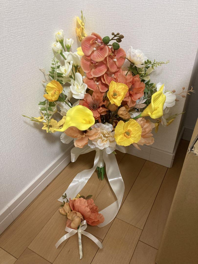 オレンジ造花ブーケとブートニアセット
