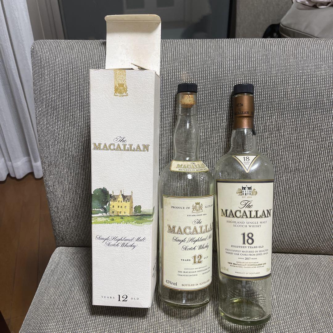 MACALLAN マッカラン 空瓶18年 12年 6本セット 化粧箱付 マッカラン12年シェリーウッド 箱付き、マッカラン18年 空瓶 2本
