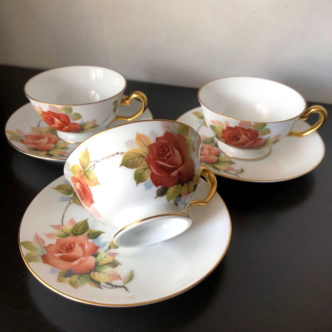 大倉陶園 【手描き】クラシックローズ　金彩　カップ&ソーサー　3客