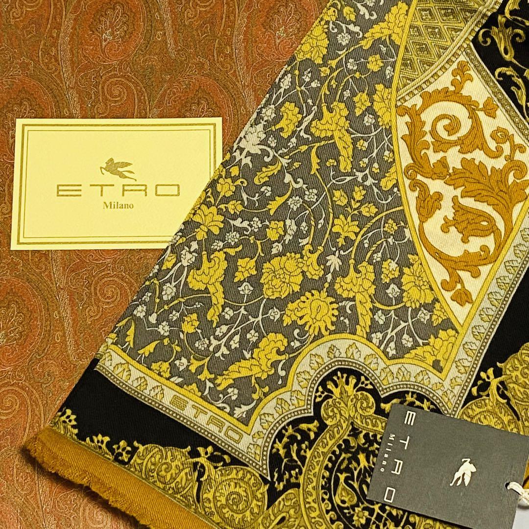 極美品 ★ETRO★ ロングスカーフ ペイズリー柄 ウール シルク イエロー