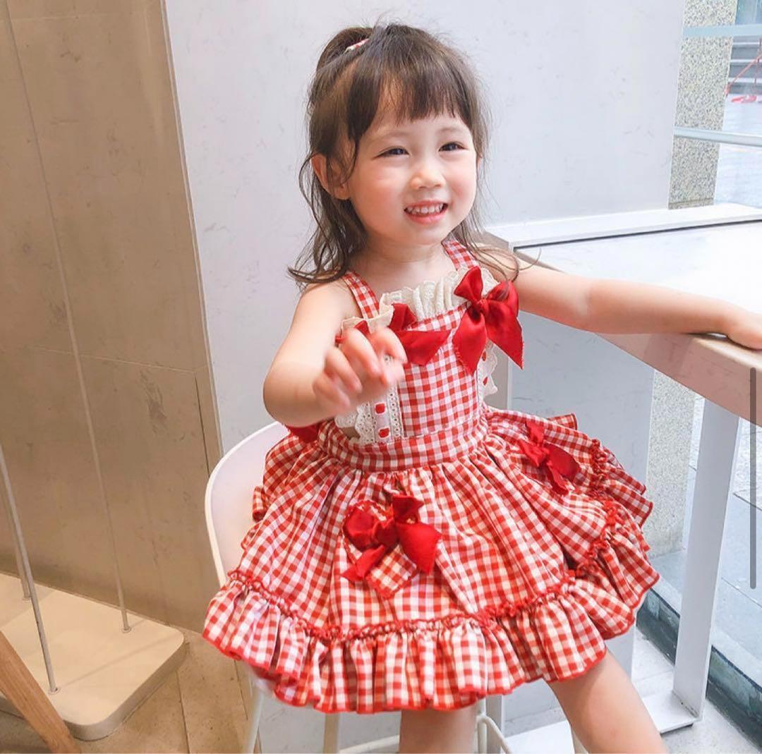 アニエスベーキッズ　ギンガムチェックワンピース 140 子供服 女の子 ギンガムチェック ワンピース 赤 140 - メルカリ