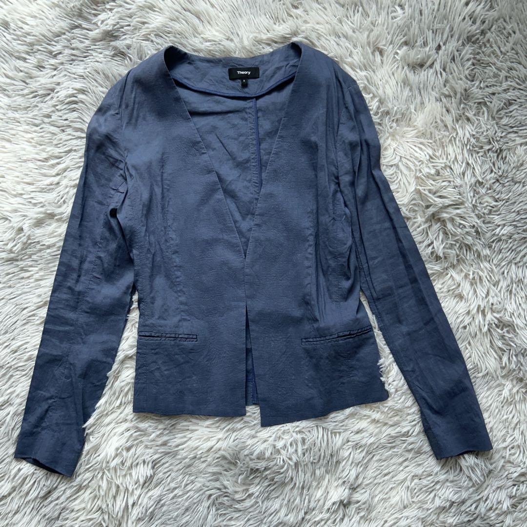 【美品】Theory ノーカラーリネンジャケット ブルー 0サイズ 現行タグ