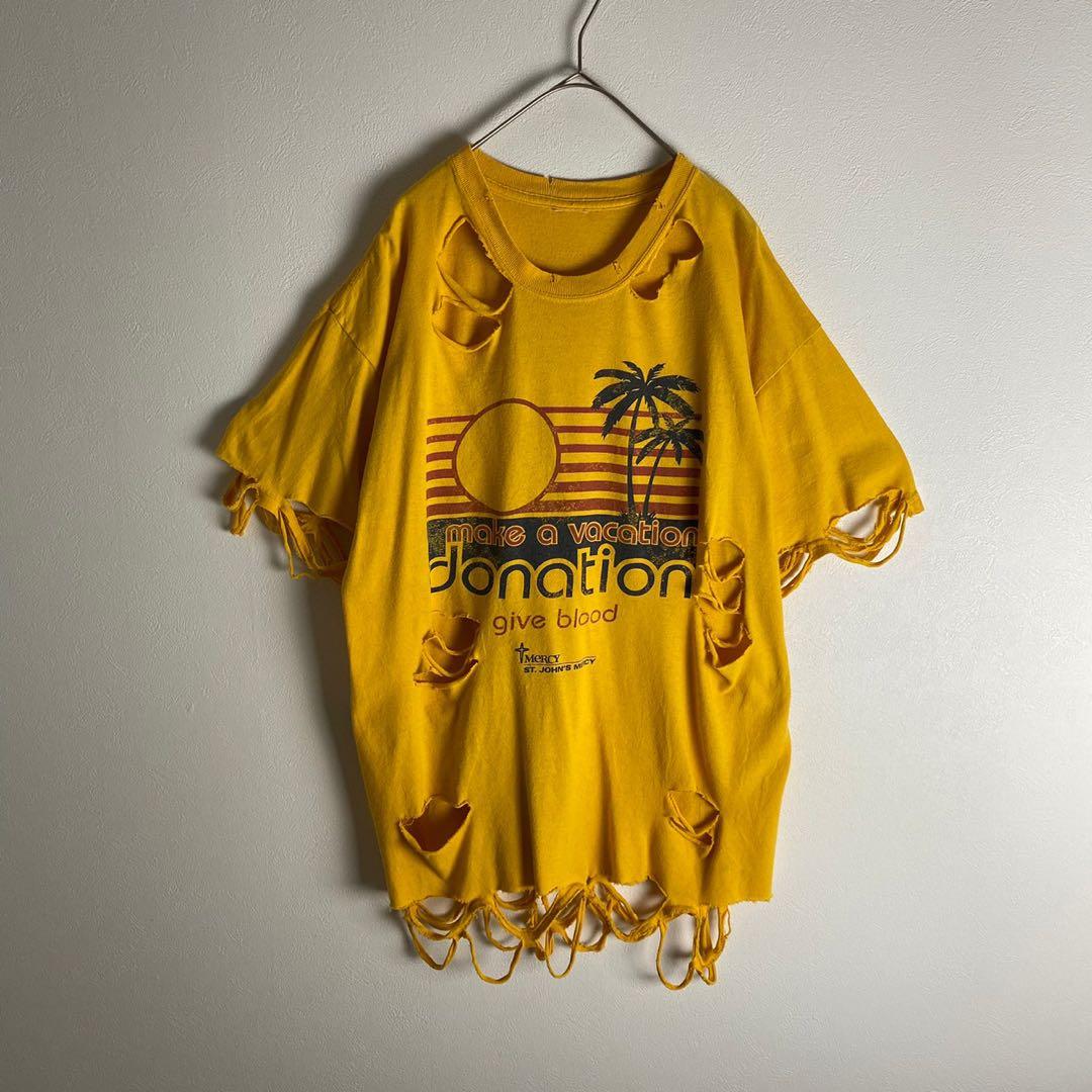 ボロTシャツ プリントデザイン リメイク サーフ系 黄色 赤 古着