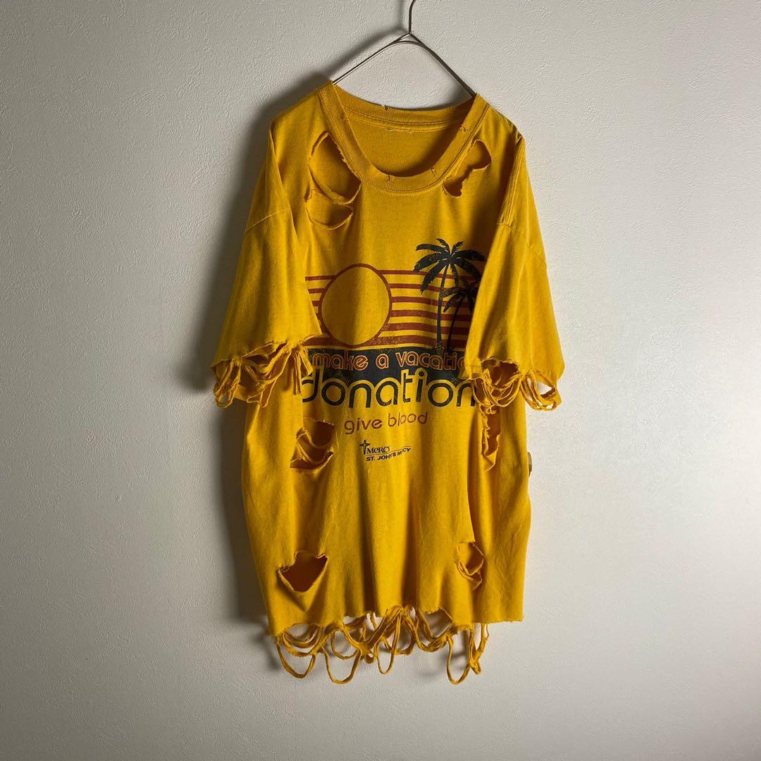 ボロTシャツ プリントデザイン リメイク サーフ系 黄色 赤 古着
