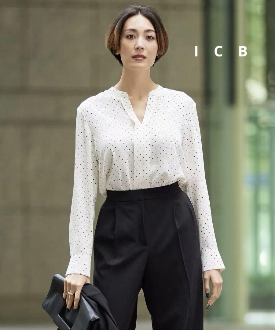 ICB ドット キーネック長袖ブラウス スキッパーブラウス S