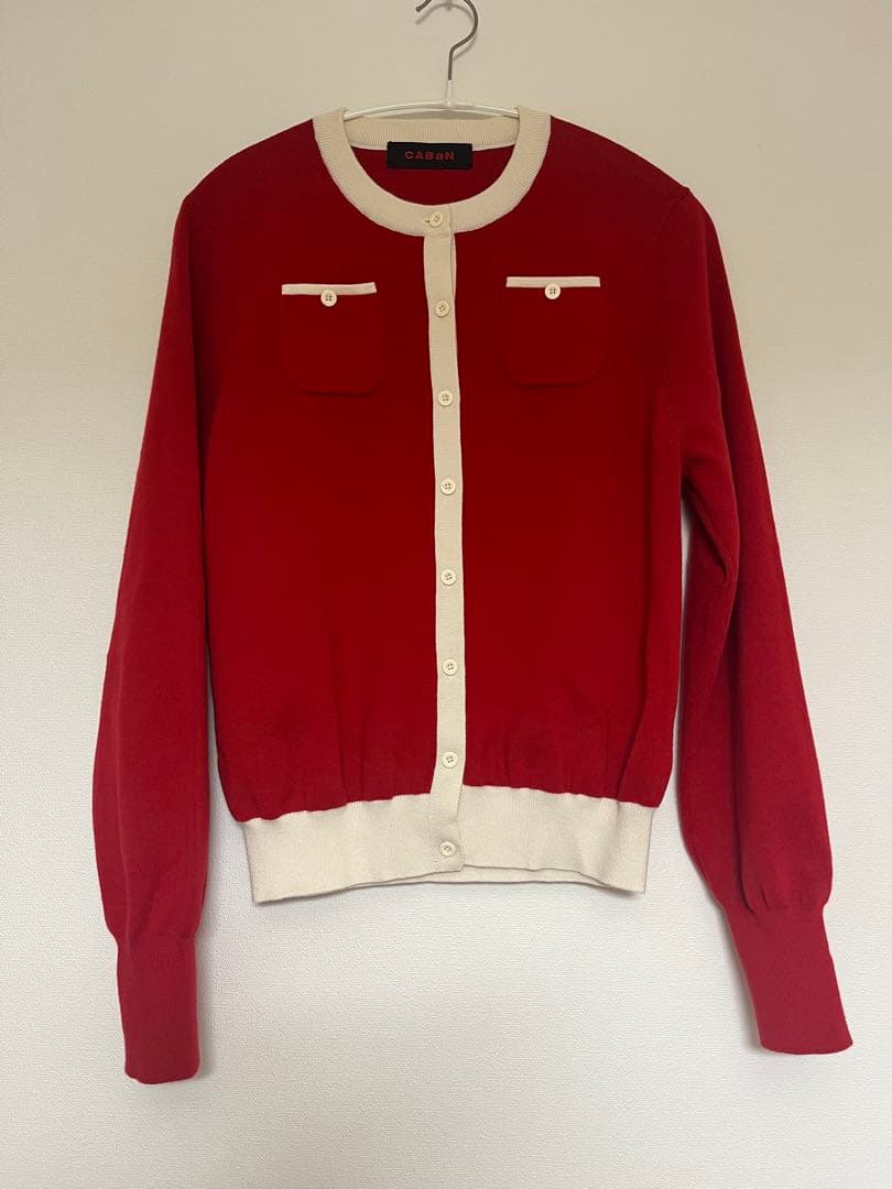 キャバンCABaN コットンカシミヤ バイカラークルーネックカーディガン　レッド