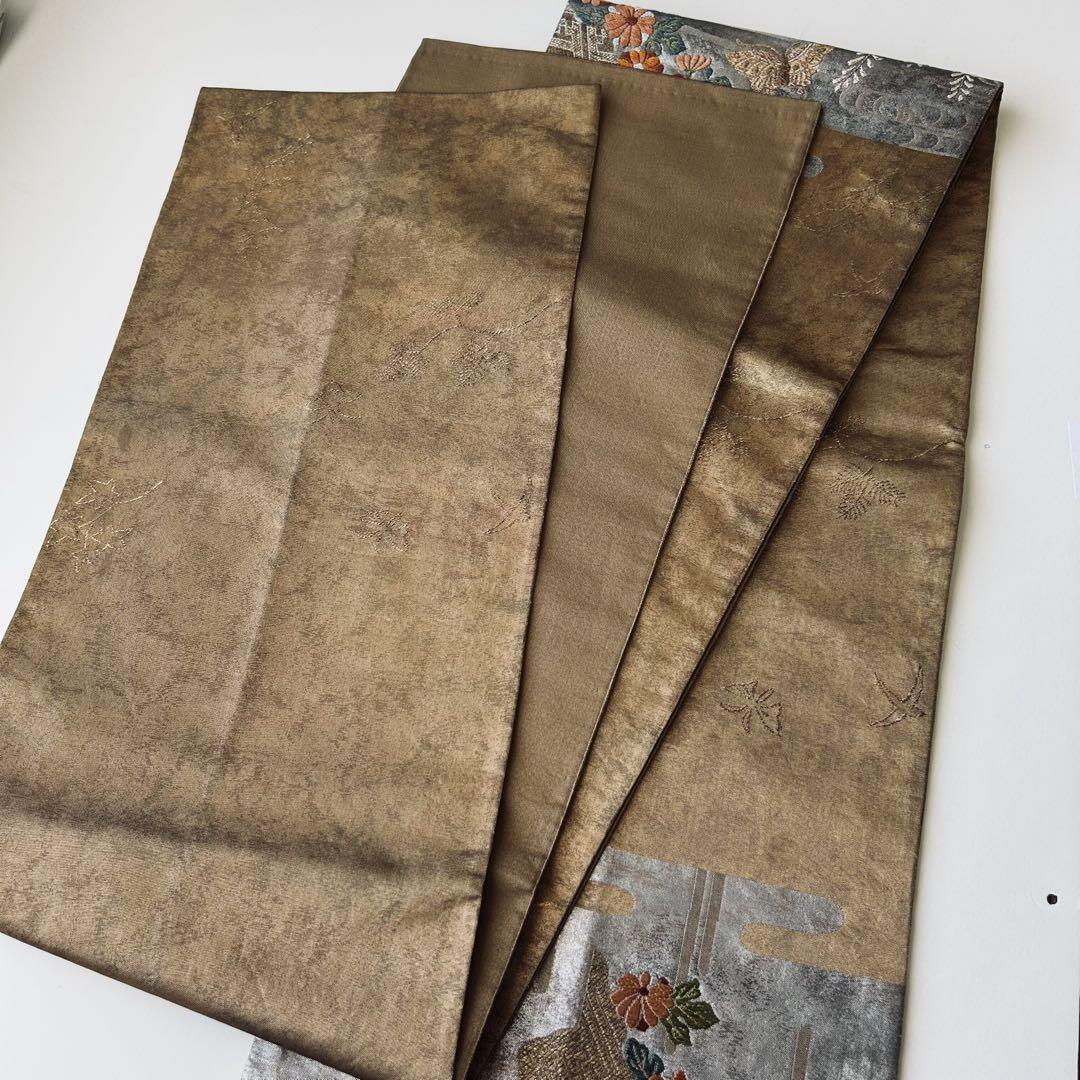 格安新品  唐織 袋帯 引箔 T 正絹 お太鼓柄 素敵なデザイン 花柄に蝶々 着物・浴衣