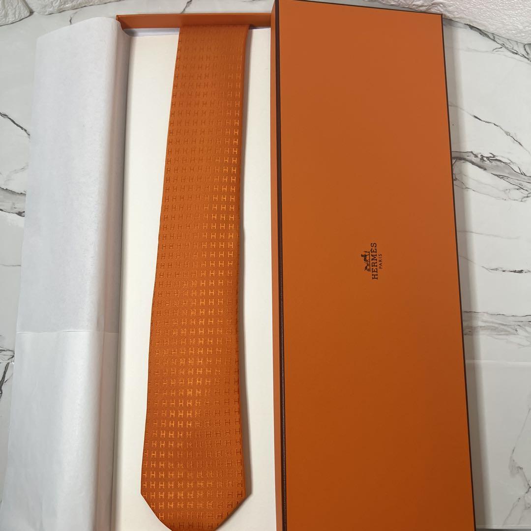 【極美品✨】HERMES ニットネクタイ　2way オレンジ　赤茶色　ファソネ 極美品✨】HERMES ニットネクタイ 2way オレンジ 赤茶色