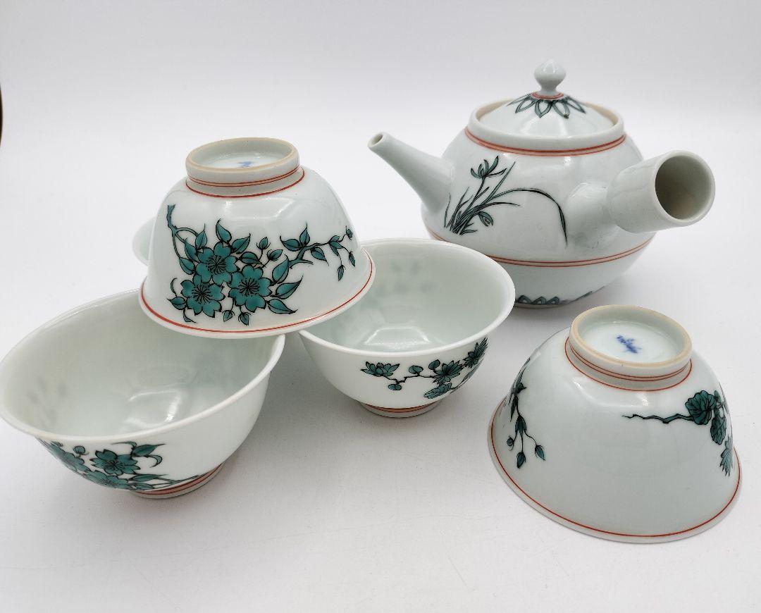 a788 煎茶茶器セット 色絵草花 北村和善 急須 茶碗5客 日本製