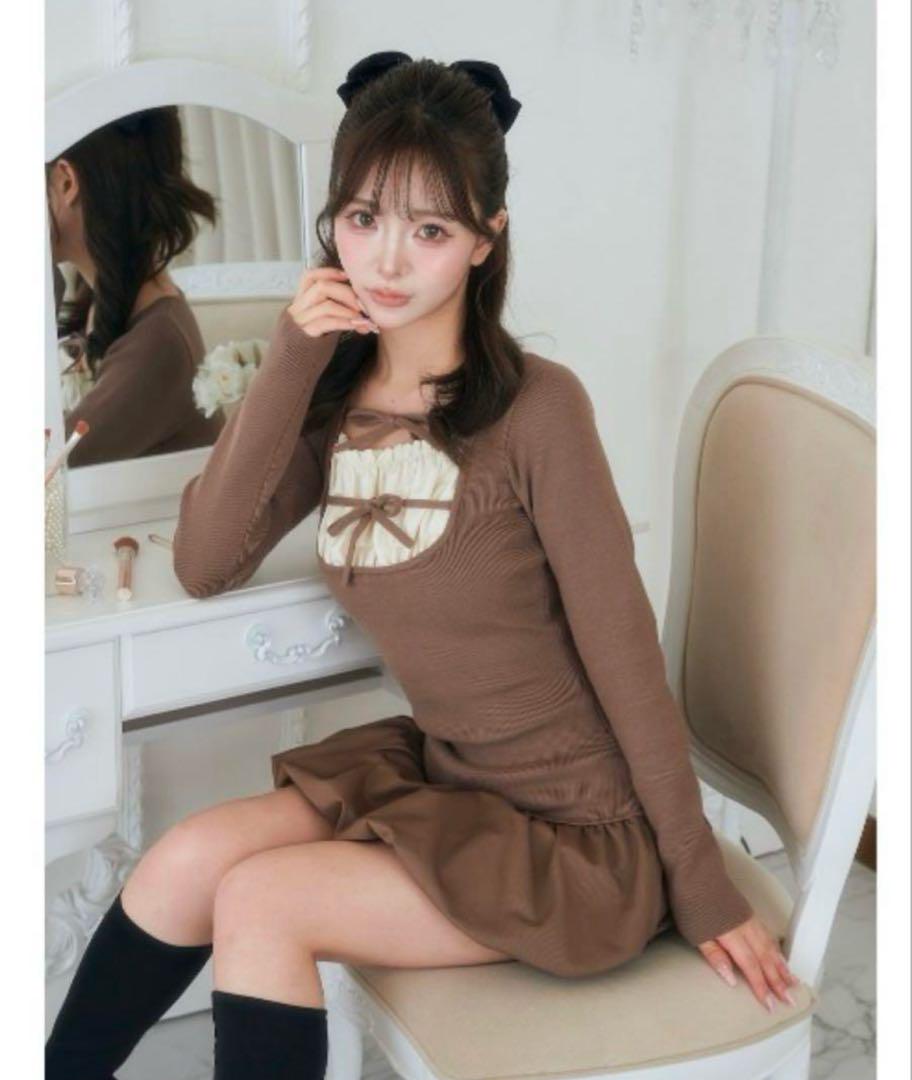 darich ダブルリボンドッキングバルーンミニワンピース ブラウン ダブルリボンドッキングバルーンミニワンピース – Darich
