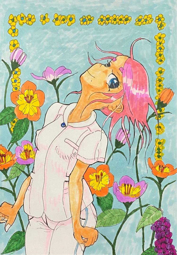 オリジナルアナログイラスト・看護師の内山妙子さんお花畑