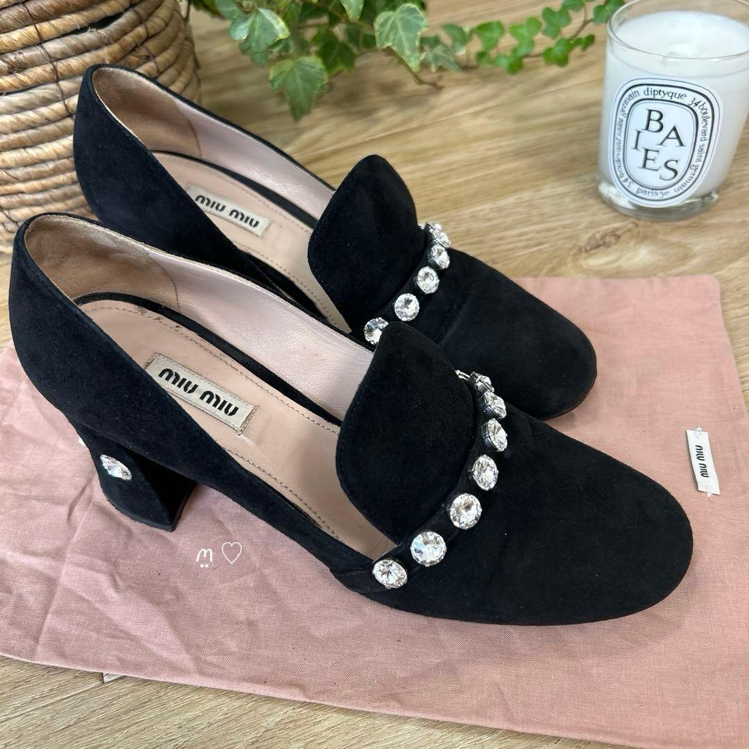 miumiuミュウミュウ　ビジューパンプス　37　フレアヒール　ブラック