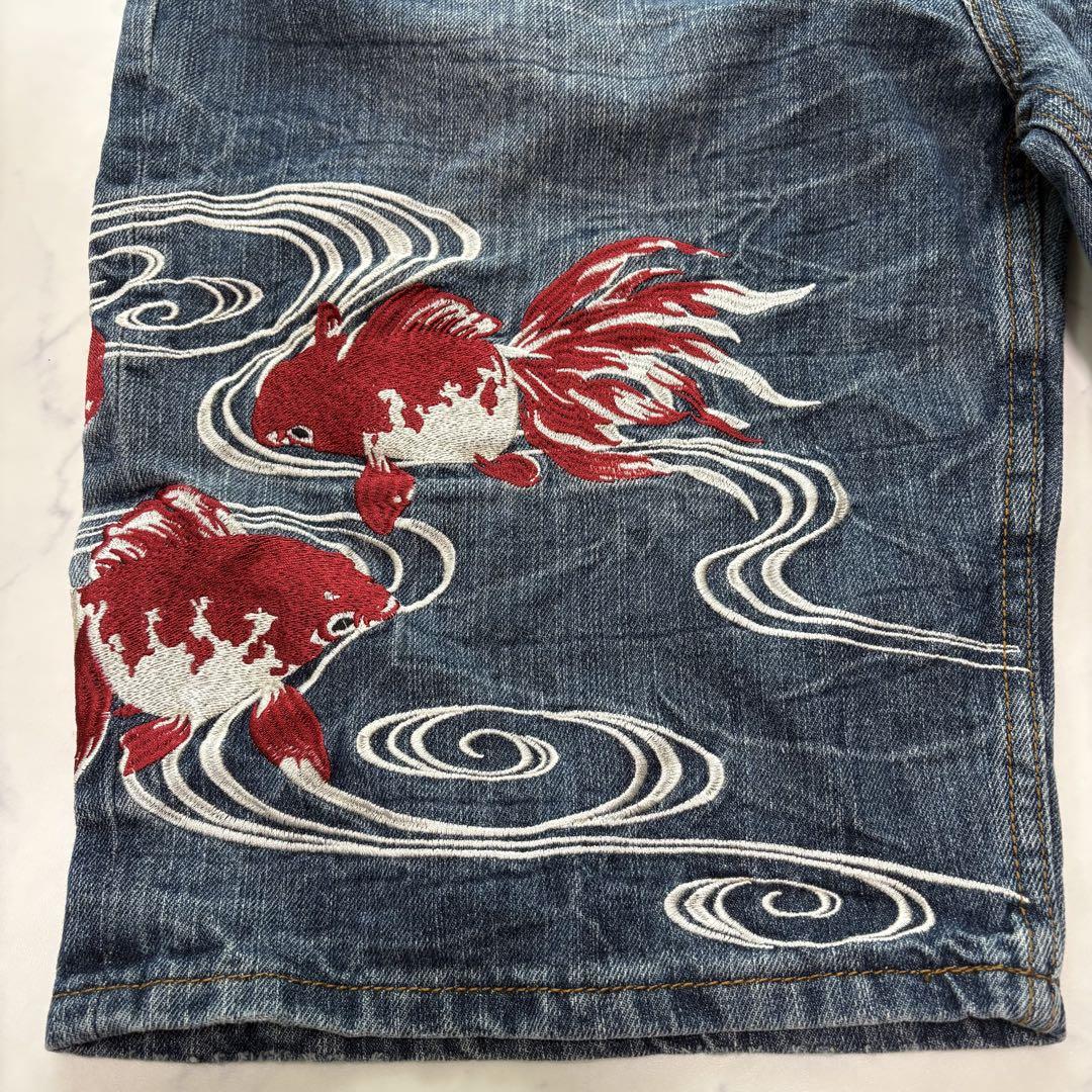 飛翔白麗 刺繍 40 和柄 桜 金魚 デニム ハーフパンツ ショートパンツ 飛翔白麗 刺繍 40 和柄 桜 金魚 デニム ハーフパンツ ショート