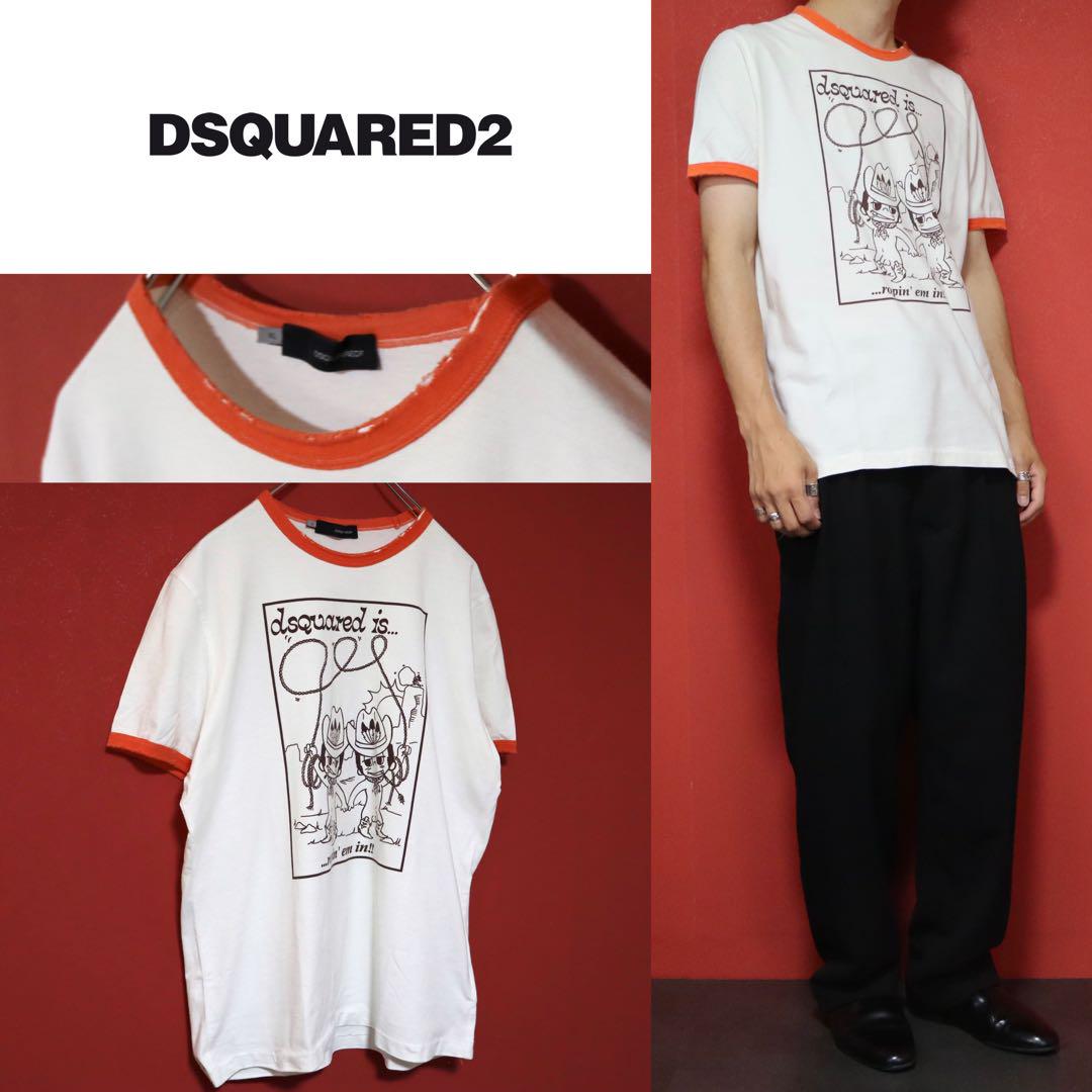 DSQUARED2 ダメージ加工 カウボーイプリント リンガーTシャツ