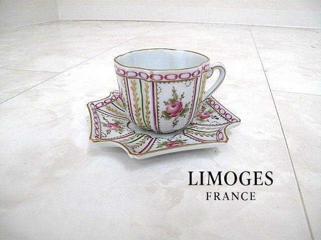 アンティーク　Limoges リモージュ カップ＆ソーサー 手描き 六角ソーサー