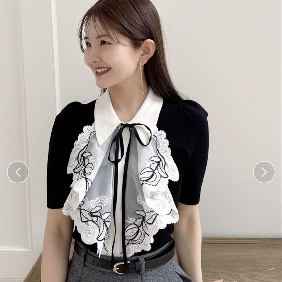 SNIDEL ラッフル刺繍ニットプルオーバー BLK