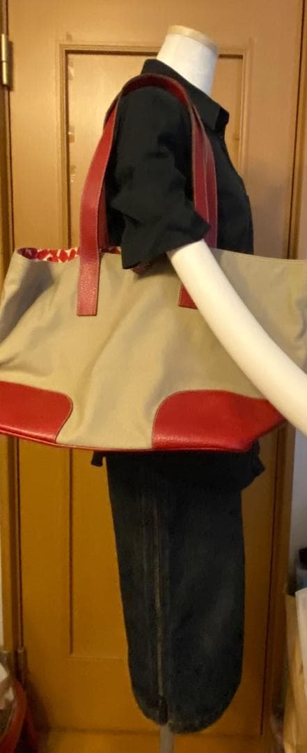 PRADAプラダ トートバッグ キャンバス×レザー ベージュ×レッド A4収納可