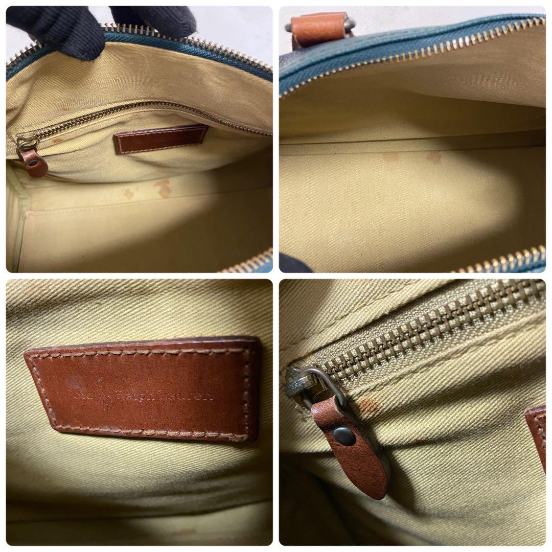 【美品】ポロラルフローレン ミニボストンバッグ グリーンチェック PVCレザー