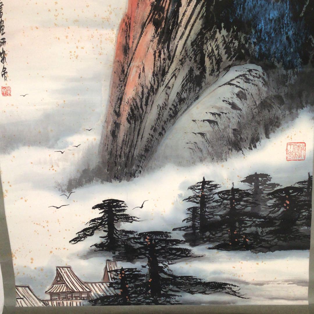 人気アイテム No3096 金石書画 墨彩画 照山水図 金頂夕 雲心 中国画 まくり 書