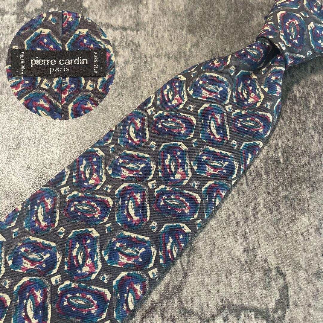 AN030 Pierre cardin グレー ブルー シルク ネクタイ