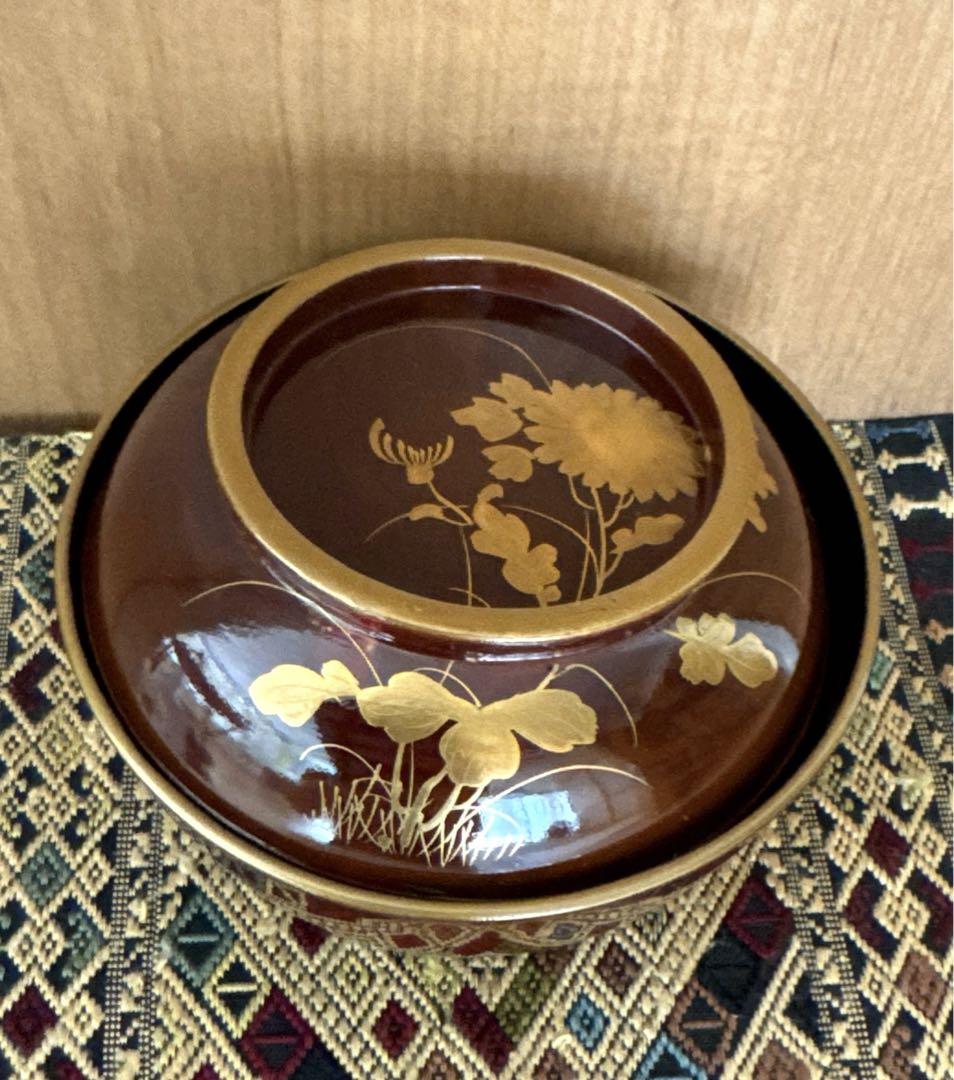 蓋つき煮物椀 塗　懐石椀4客　骨董　塗り　金縁　懐石椀　お椀