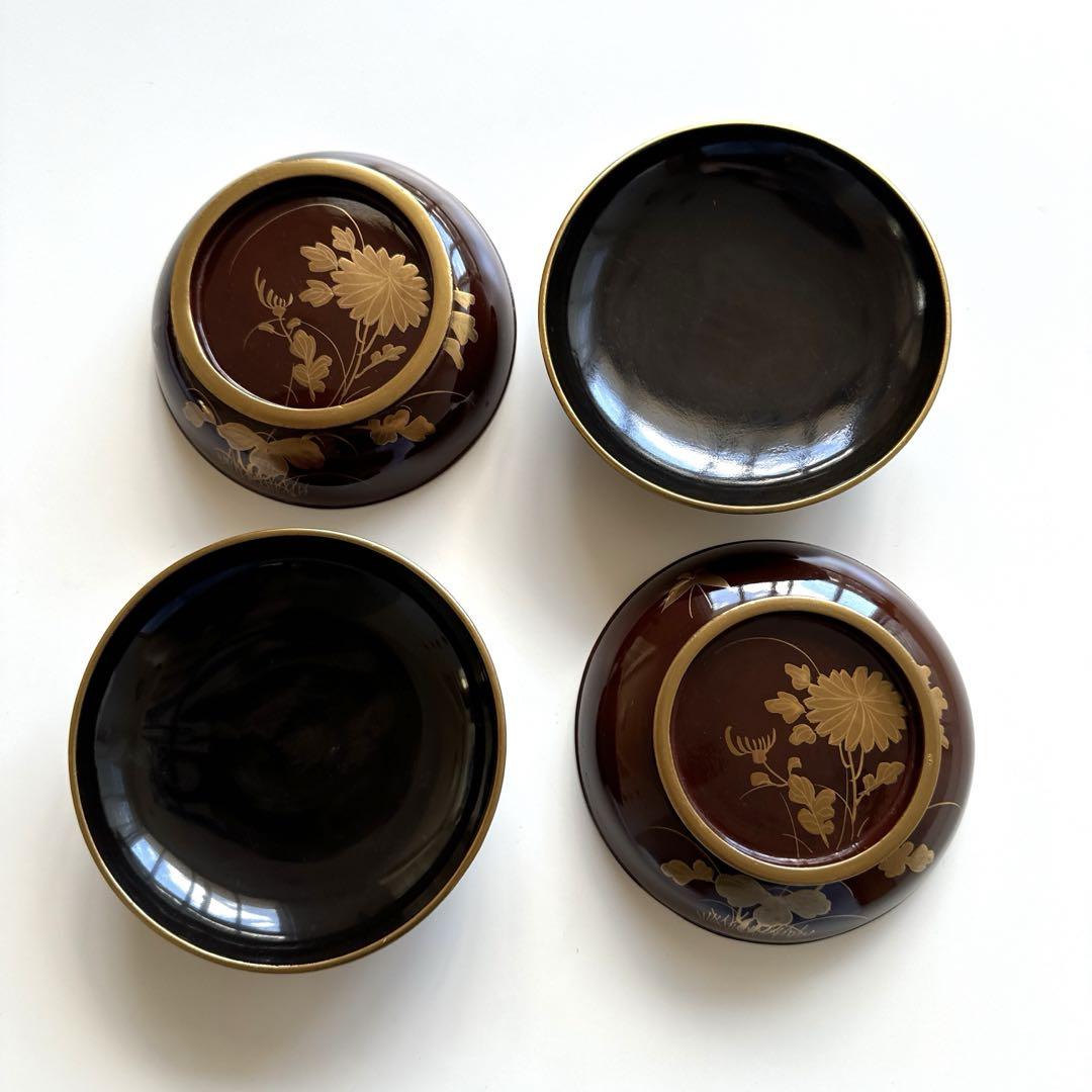 蓋つき煮物椀 塗　懐石椀4客　骨董　塗り　金縁　懐石椀　お椀