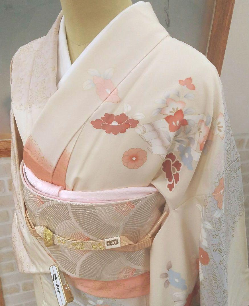 訪問着4点フルセット、着物、袋帯、帯締め、帯揚げ