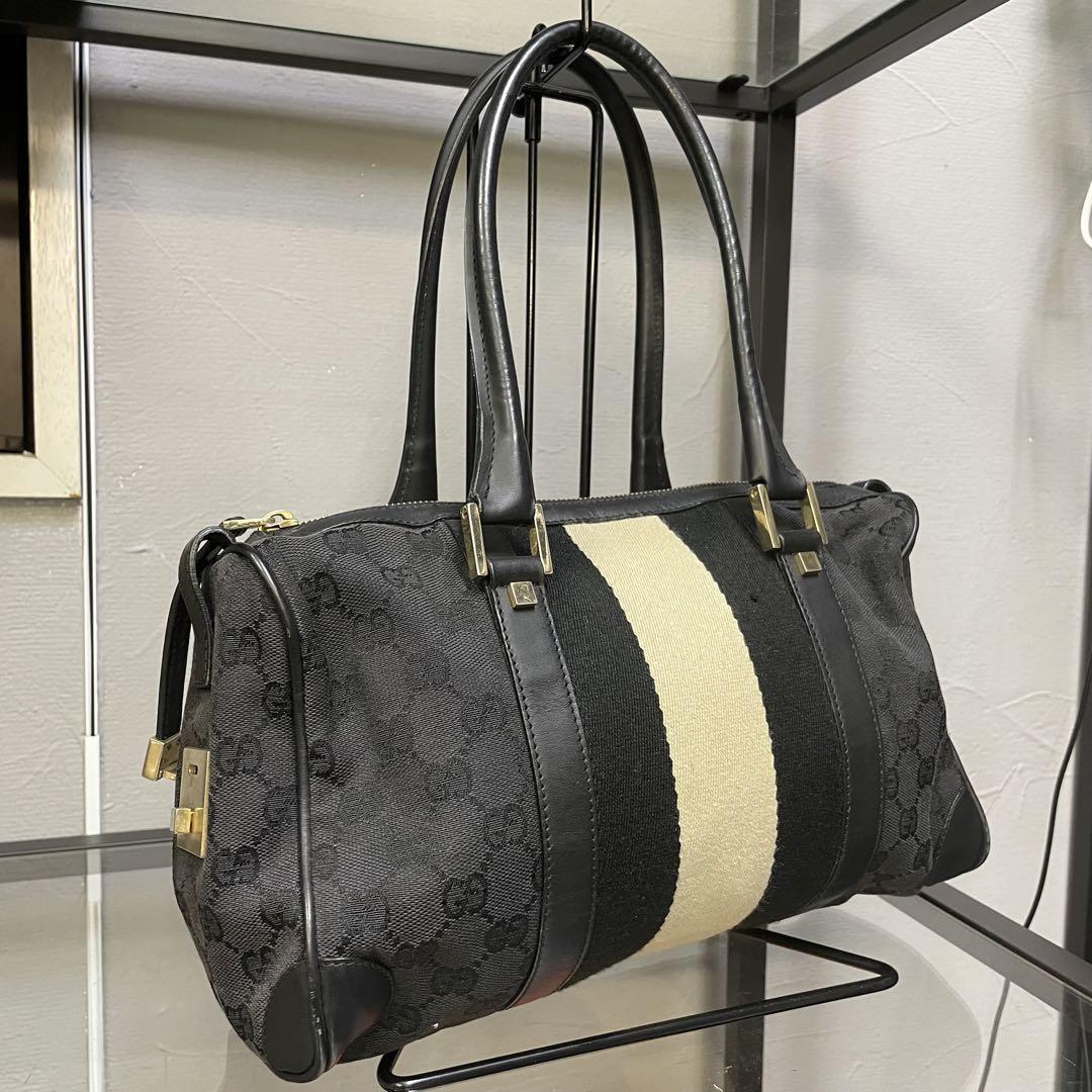 K*h様 GUCCI ストライプデザイン ボストンバッグ 中型 ブラック/ベージ