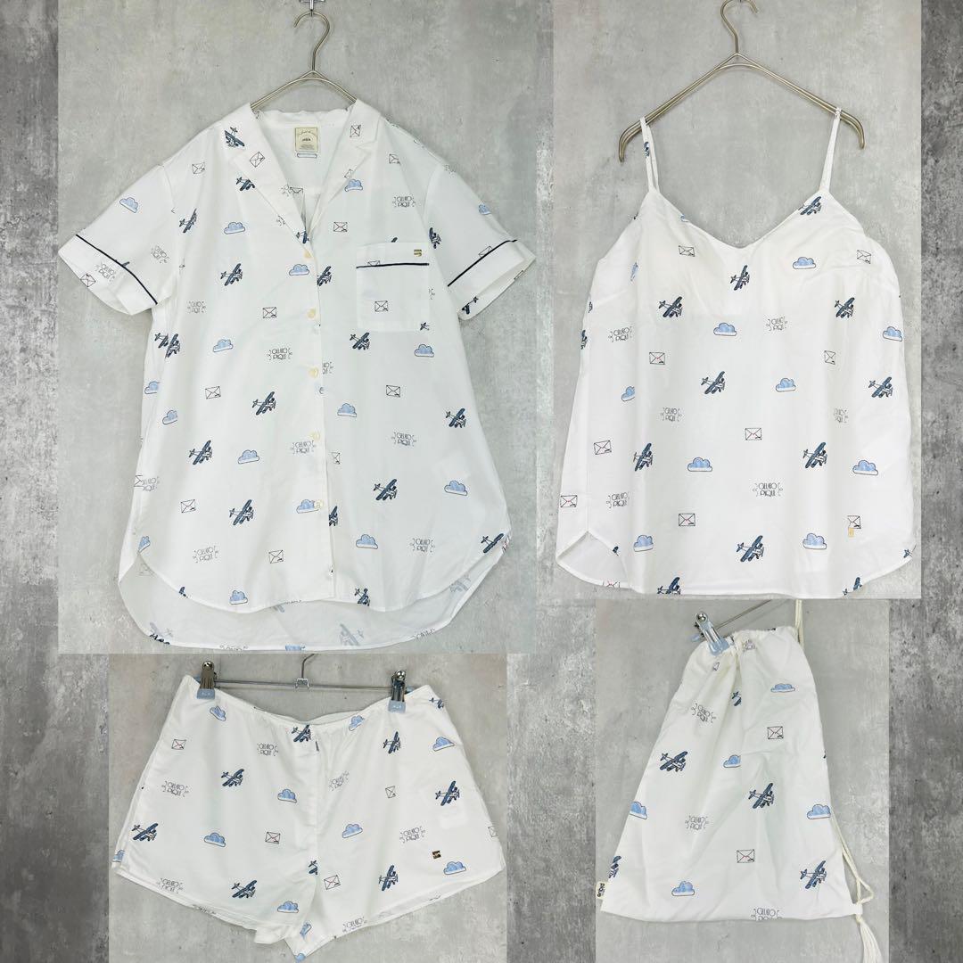 美品　ジェラピケ　セット　トラベルモチーフ　キャミ　パンツ　白青　半袖　夏