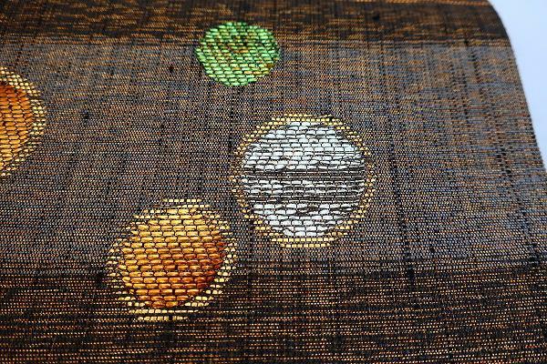 美品 袋帯 しょうざん 生紬 茶系 横段 丸文 長さ4m48cm 正絹