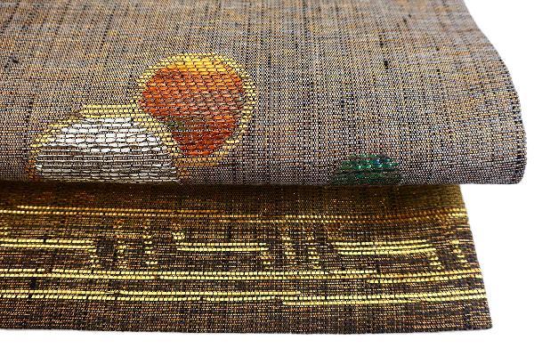 美品 袋帯 しょうざん 生紬 茶系 横段 丸文 長さ4m48cm 正絹