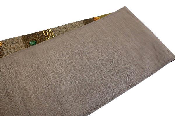 美品 袋帯 しょうざん 生紬 茶系 横段 丸文 長さ4m48cm 正絹