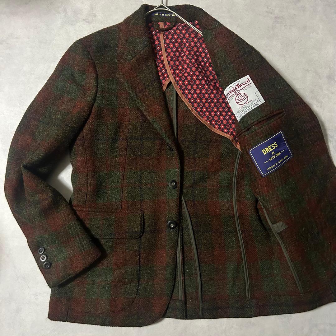 美品 ハリスツイード テーラードジャケット 段返り3つボタン チェック 美品 ハリスツイード テーラードジャケット 段返り3つボタン チェック