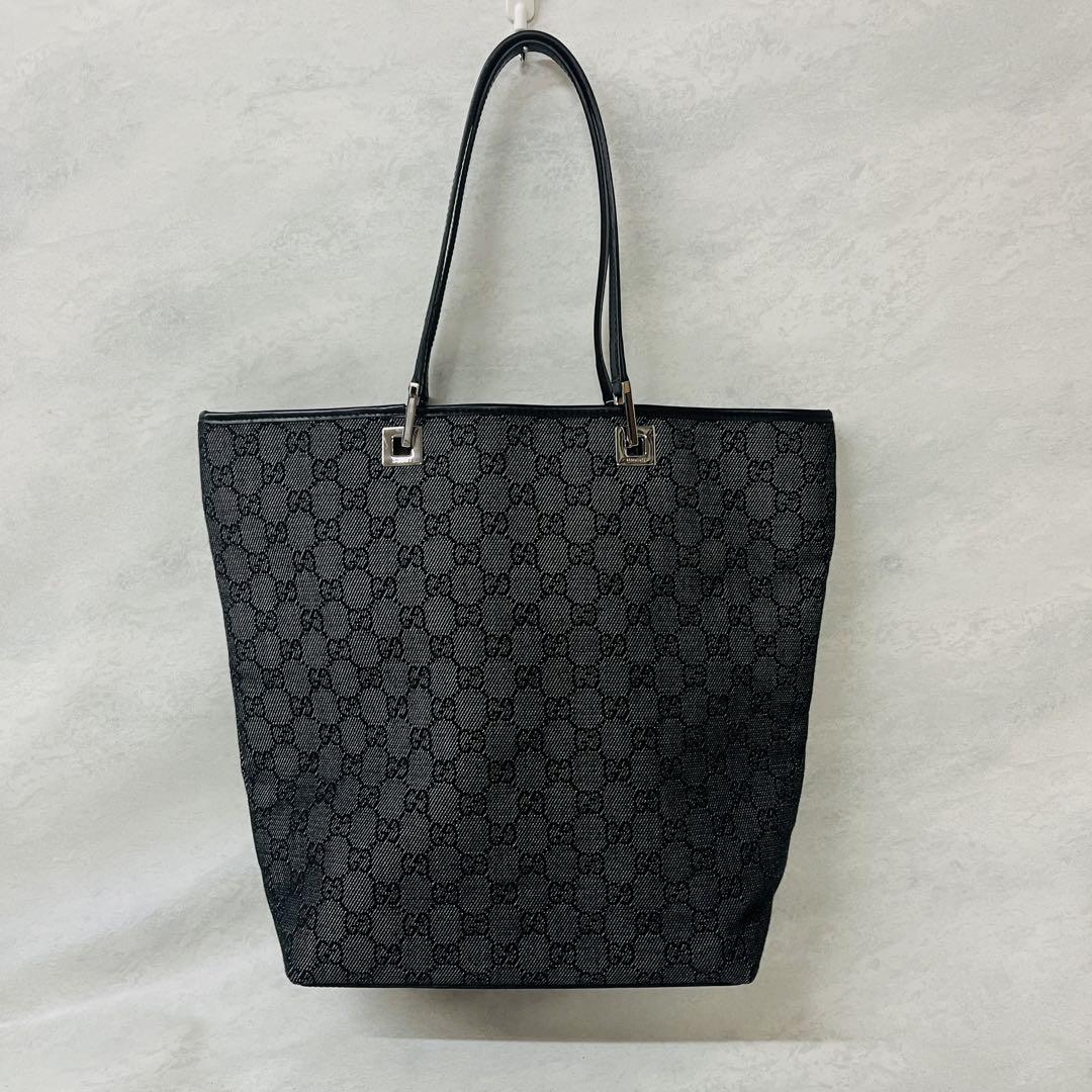 美品 GUCCI グッチ GGキャンバス トートバッグ ブラック レザー